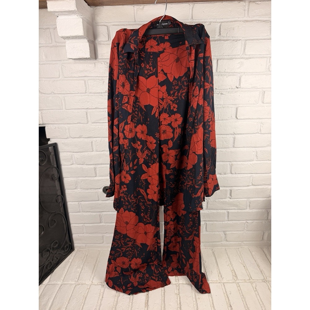 PrettyLittleThing Size 2 Red Black Floral Blazer Pants Suit Set Wide Leg Co Ord
